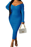 Red Euramerican Women Autumn Winter V Collar Off Shoulder Solid Color Ribber Bodycon Sexy Long Dress Q951-5