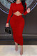 Red Euramerican Women Autumn Bodycon Tops Solid Color Ruffle Hip Sexy Skirts Sets Q960-2