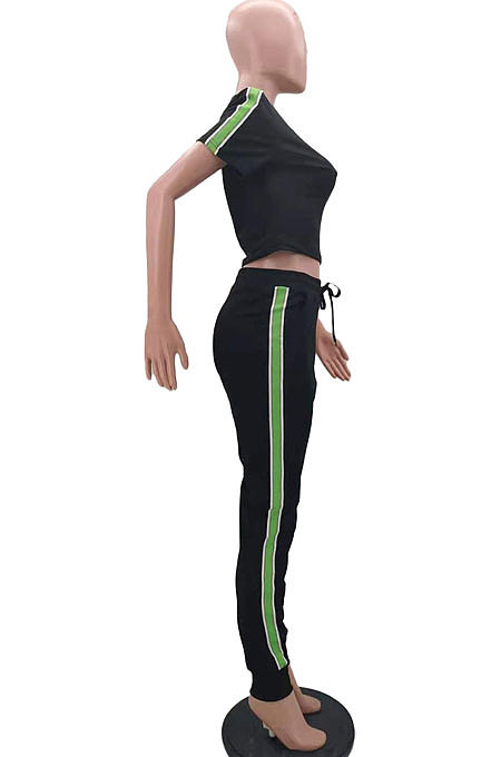 White Cotton Blend  Side Strip Short Sleeve Round Neck T-Shirt Long Pants Sets TK6188-1