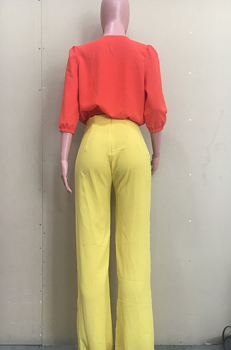Red+Yellow Wholesale Women Half Sleeve V Collar Loose Blouse Wide Leg Pants Casual Sets ORY5209