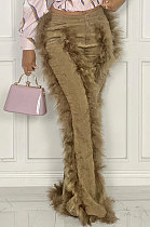 Khaki Women Autumn Winter Corduroy Rough Selvedge Mid Waist Solid Color Flare Leg Pants MLM9078-2