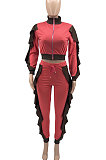 Red Women Flounce Stand Collar Zipper Long Sleeve Pants Sets KXL858-1