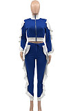 Red Women Flounce Stand Collar Zipper Long Sleeve Pants Sets KXL858-1