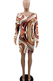 Orange Yellow Euramerican Women Autumn Winter Trendy Long Sleeve Backless Round Collar Mid Waist Mini Dress GB8033-1