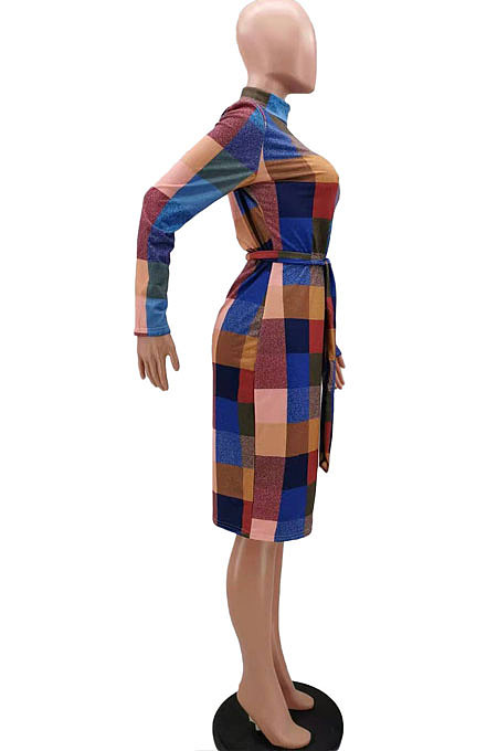 Blue Newest Plaid Print Long Sleeve High Neck Slim Fitting With Beltband  Slit Dress TK6147-1