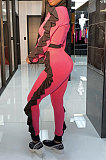 Red Women Flounce Stand Collar Zipper Long Sleeve Pants Sets KXL858-1