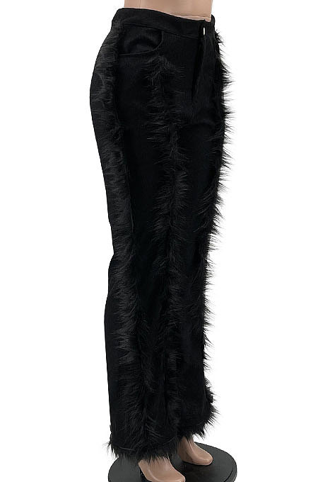 Black Women Autumn Winter Corduroy Rough Selvedge Mid Waist Solid Color Flare Leg Pants MLM9078-1