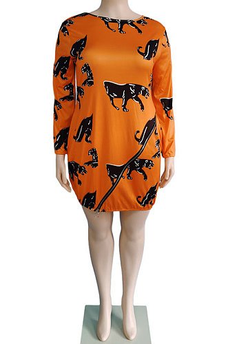 Orange Women Printing Loose Waist Pullover Long Sleeve Mini Dress GB8032