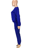 Royal Blue Simple Sport Loose Long Sleeve Round Neck Pocket Jumper Long Pants Solid Color Sets SM9206-1