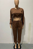 Coffee Women Trendy Casual Solid Color Crop Bodycon Pants Sets AMW8336-3