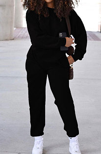 Black Simple Sport Loose Long Sleeve Round Neck Pocket Jumper Long Pants Solid Color Sets SM9206-2