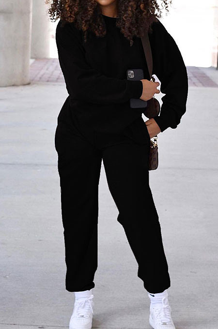 Red Simple Sport Loose Long Sleeve Round Neck Pocket Jumper Long Pants Solid Color Sets SM9206-3
