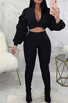 Black Autumn Winter Casual Ruffle Sleeve Zip Front Coat Pencil Pants Sport Sets ORY5064-1