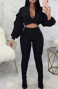 Black Autumn Winter Casual Ruffle Sleeve Zip Front Coat Pencil Pants Sport Sets ORY5064-1
