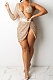 Apricot Women Sexy Sequins Pure Color Irregular Single Sleeve Split Skirts Sets XZ5307-3