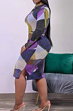 Black Newest Plaid Print Long Sleeve High Neck Slim Fitting With Beltband  Slit Dress TK6147-2