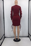 Wine Red Simple Casual Long Sleeve Bandage Collect Waist Wrap Dress OH8093