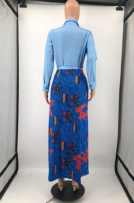 White Newest Print Long Sleeve Lepal Neck Single-Breasted With Beltband Swing Shirt Dress DMM8183-1