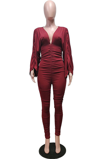 Black Newest Batwing Sleeve V Neck Ruffle Collect Waist Solid Color Bodycon Jumpsuits WY6841-3