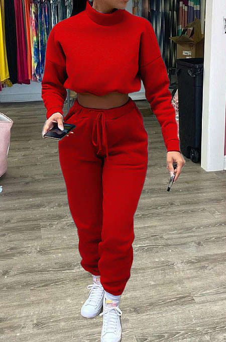 Red Women Solid Color Long Sleeve Velvet Sport Pants Sets BYQ1028-1