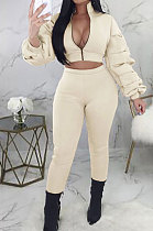 Cream Autumn Winter Casual Ruffle Sleeve Zip Front Coat Pencil Pants Sport Sets ORY5064-2