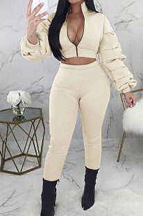 Cream Autumn Winter Casual Ruffle Sleeve Zip Front Coat Pencil Pants Sport Sets ORY5064-2