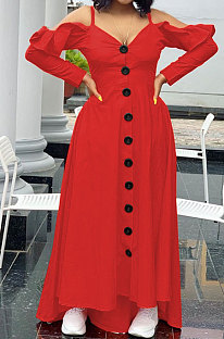 Red Cute Preppy New Ruffle Long Sleeve Off Shoulder V Neck Buttoned Front Collect Waist Swing Long Dress SM9205-3