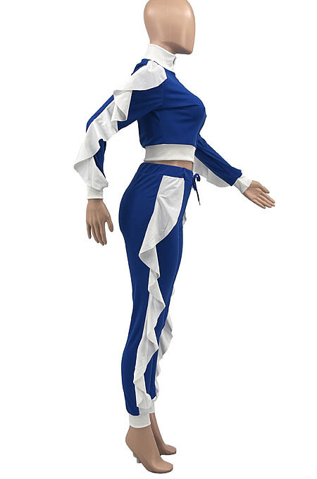 Red Women Flounce Stand Collar Zipper Long Sleeve Pants Sets KXL858-1