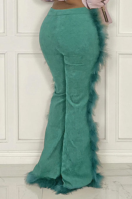 Black Women Autumn Winter Corduroy Rough Selvedge Mid Waist Solid Color Flare Leg Pants MLM9078-1