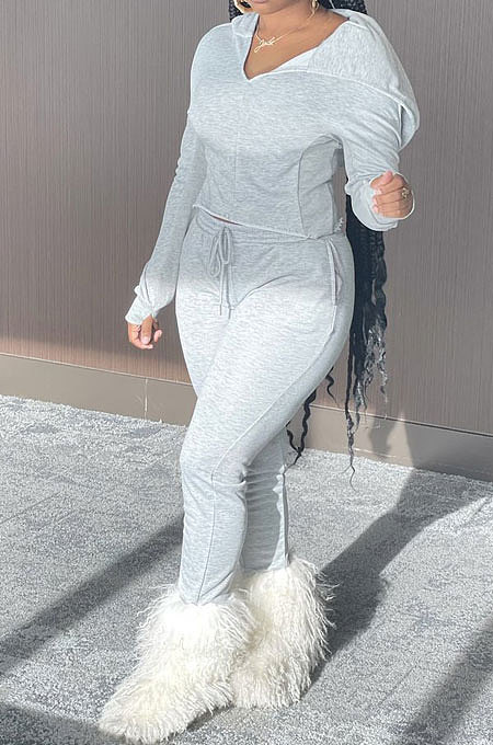 Gray White Euramerican Women Pure Color Fleece Hooded Long Sleeve Pants Sets KXL857-1