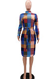 Black Newest Plaid Print Long Sleeve High Neck Slim Fitting With Beltband  Slit Dress TK6147-2