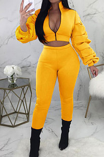 Yellow Autumn Winter Casual Ruffle Sleeve Zip Front Coat Pencil Pants Sport Sets ORY5064-3