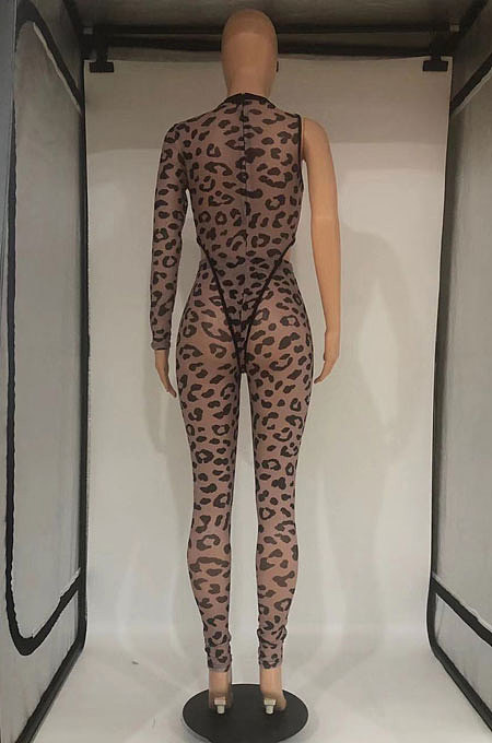 Black Sexy Print Mesh See-Through One Sleeve Round Neck Tops Boydcon Pants Sets DMM8181