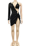 Red Women Sexy Sequins Pure Color Irregular Single Sleeve Split Skirts Sets XZ5307-2