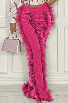 Rose Red Women Autumn Winter Corduroy Rough Selvedge Mid Waist Solid Color Flare Leg Pants MLM9078-4