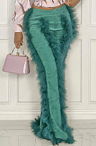 Green Women Autumn Winter Corduroy Rough Selvedge Mid Waist Solid Color Flare Leg Pants MLM9078-3