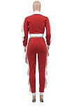 Red Women Flounce Stand Collar Zipper Long Sleeve Pants Sets KXL858-1