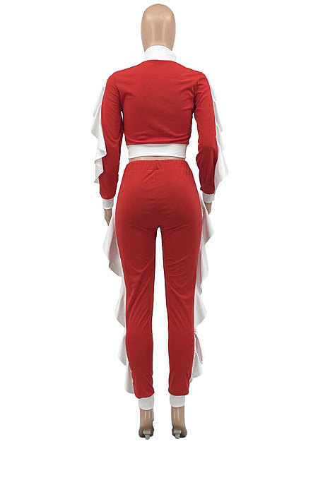 Red Women Flounce Stand Collar Zipper Long Sleeve Pants Sets KXL858-1