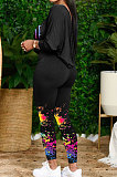 Black Women Casual Oblique Shoulder Letters Splash-Ink Printing Pants Sets AMW8333