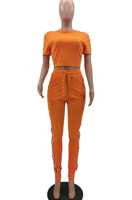 White Cotton Blend  Side Strip Short Sleeve Round Neck T-Shirt Long Pants Sets TK6188-1