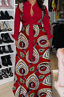 Wine Red Newest Print Long Sleeve Lepal Neck Single-Breasted With Beltband Swing Shirt Dress DMM8183-3