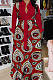 Wine Red Newest Print Long Sleeve Lepal Neck Single-Breasted With Beltband Swing Shirt Dress DMM8183-3