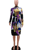 Black Newest Plaid Print Long Sleeve High Neck Slim Fitting With Beltband  Slit Dress TK6147-2