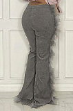 Gray Women Autumn Winter Corduroy Rough Selvedge Mid Waist Solid Color Flare Leg Pants MLM9078-5