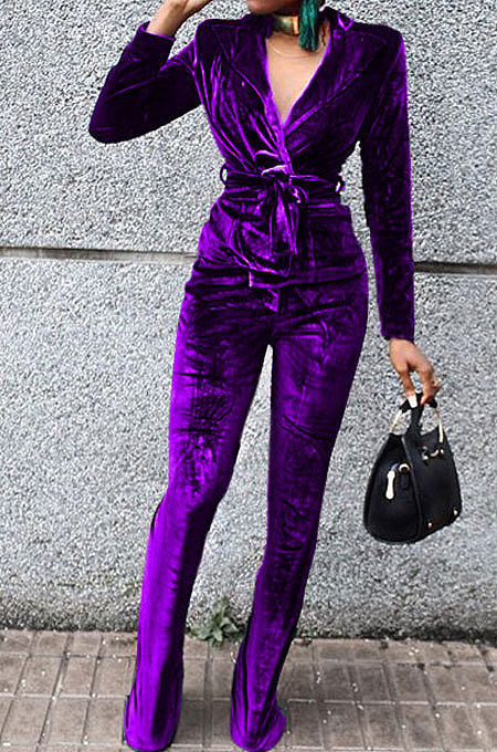 Black Wholesale Velvet Long Sleeve Lapel Neck Suits Coat Flare Pants Sets TRS1182-1