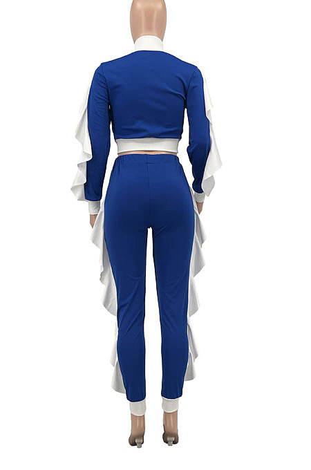 Red Women Flounce Stand Collar Zipper Long Sleeve Pants Sets KXL858-1