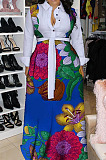 Pink Newest Print Long Sleeve Lepal Neck Single-Breasted With Beltband Swing Shirt Dress DMM8183-5