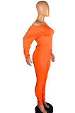Yellow Cotton Blend Pure Color Long Sleeve Loose T-Shirts Bodycon Pants Slim Fitting Sets OH8092-1
