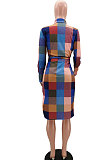 Black Newest Plaid Print Long Sleeve High Neck Slim Fitting With Beltband  Slit Dress TK6147-2