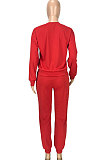 Red Simple Sport Loose Long Sleeve Round Neck Pocket Jumper Long Pants Solid Color Sets SM9206-3